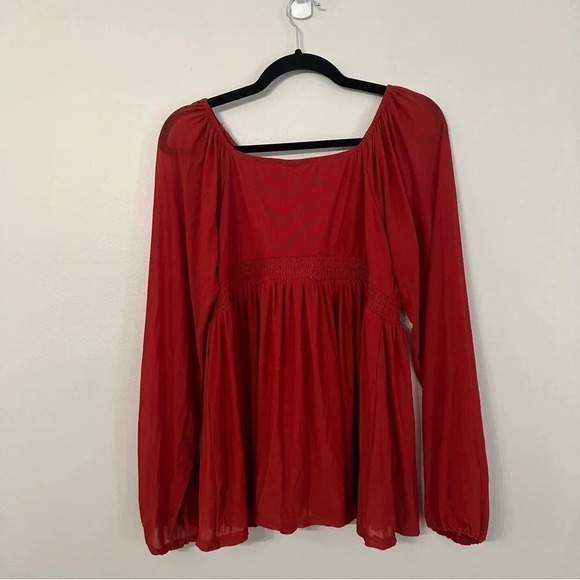 Torrid Stretch Mesh V-Neck Smocked Waist Babydoll Top Red Size 00, M, 10 GUC - Picture 9 of 9
